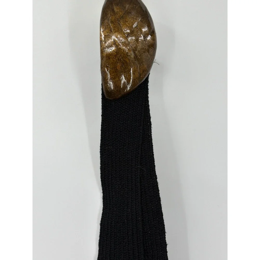 Vintage Black Wide Elastic Cinch Belt with Large Brown Leaf Metal Buckle 36in
